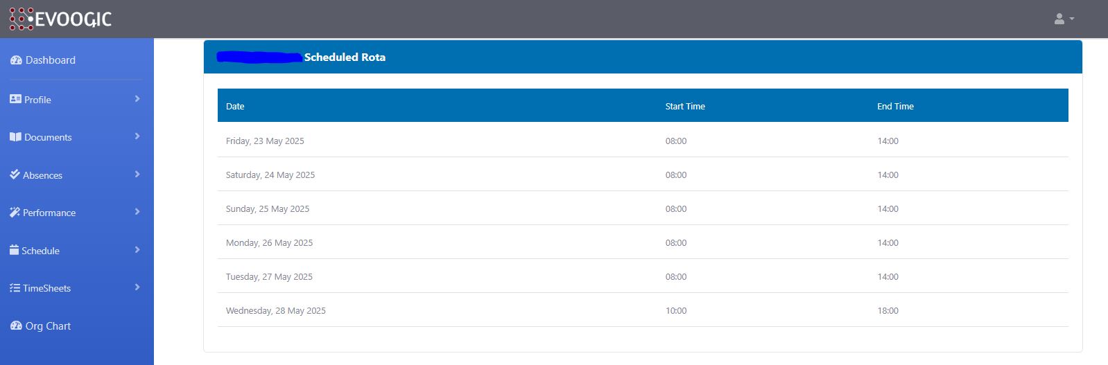 Evoogic HRMS Employee shifts and rota scheduling experience