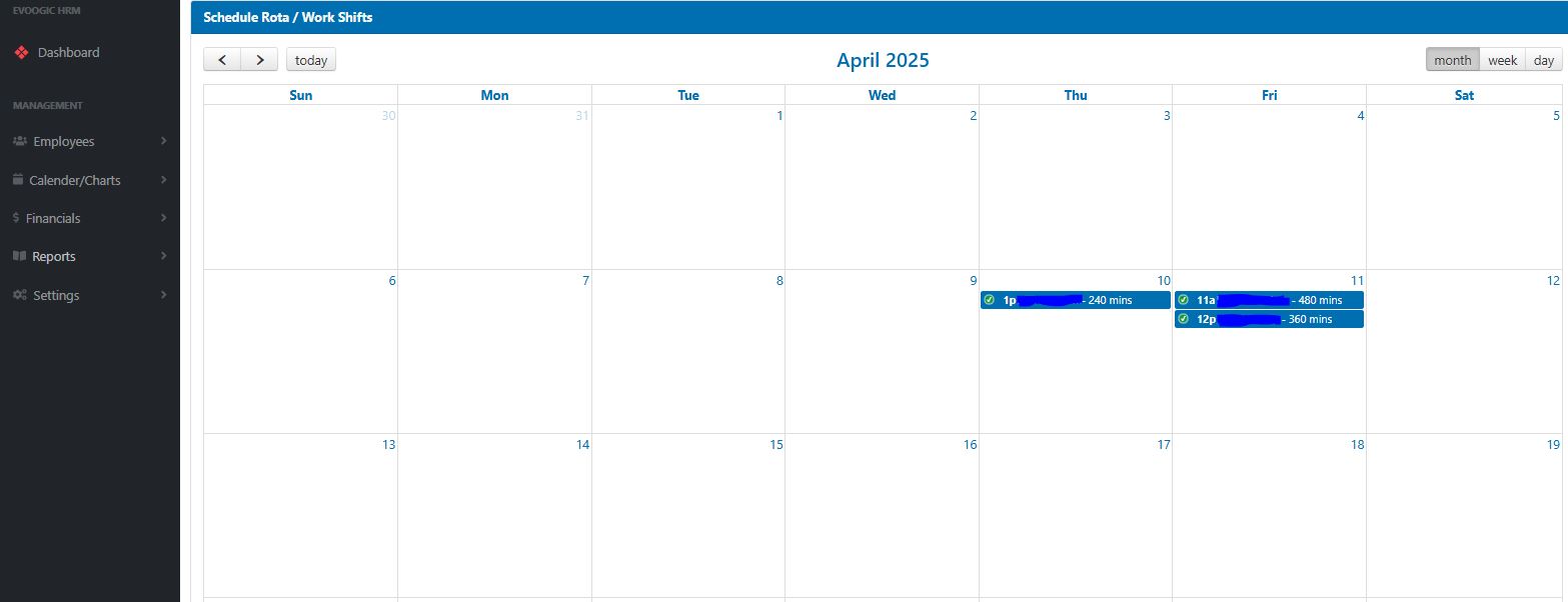 HRMS Admin View: Rota Scheduling Calendar